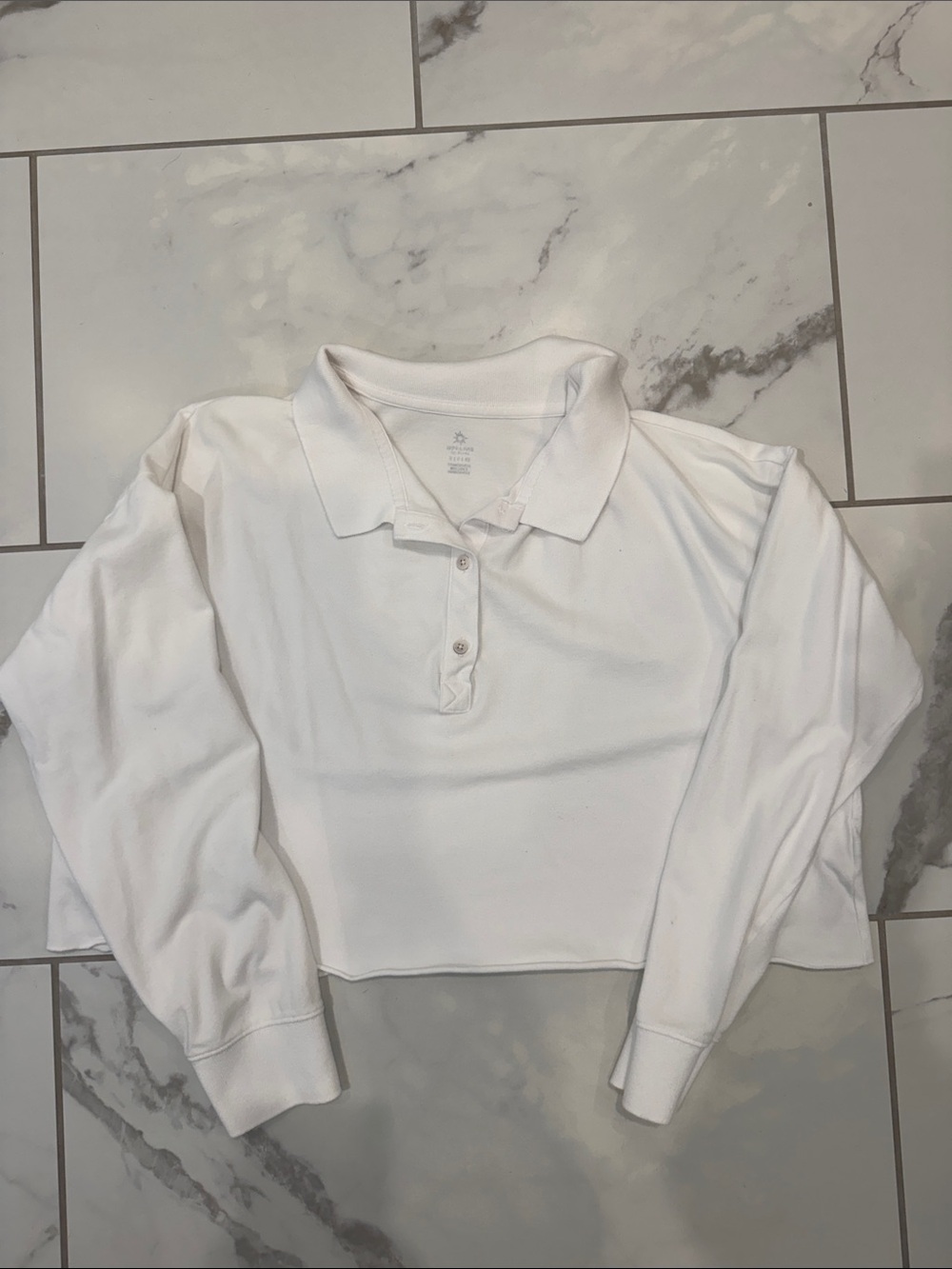 Aerie Off Line White Cropped Polo Long Sleeve Top